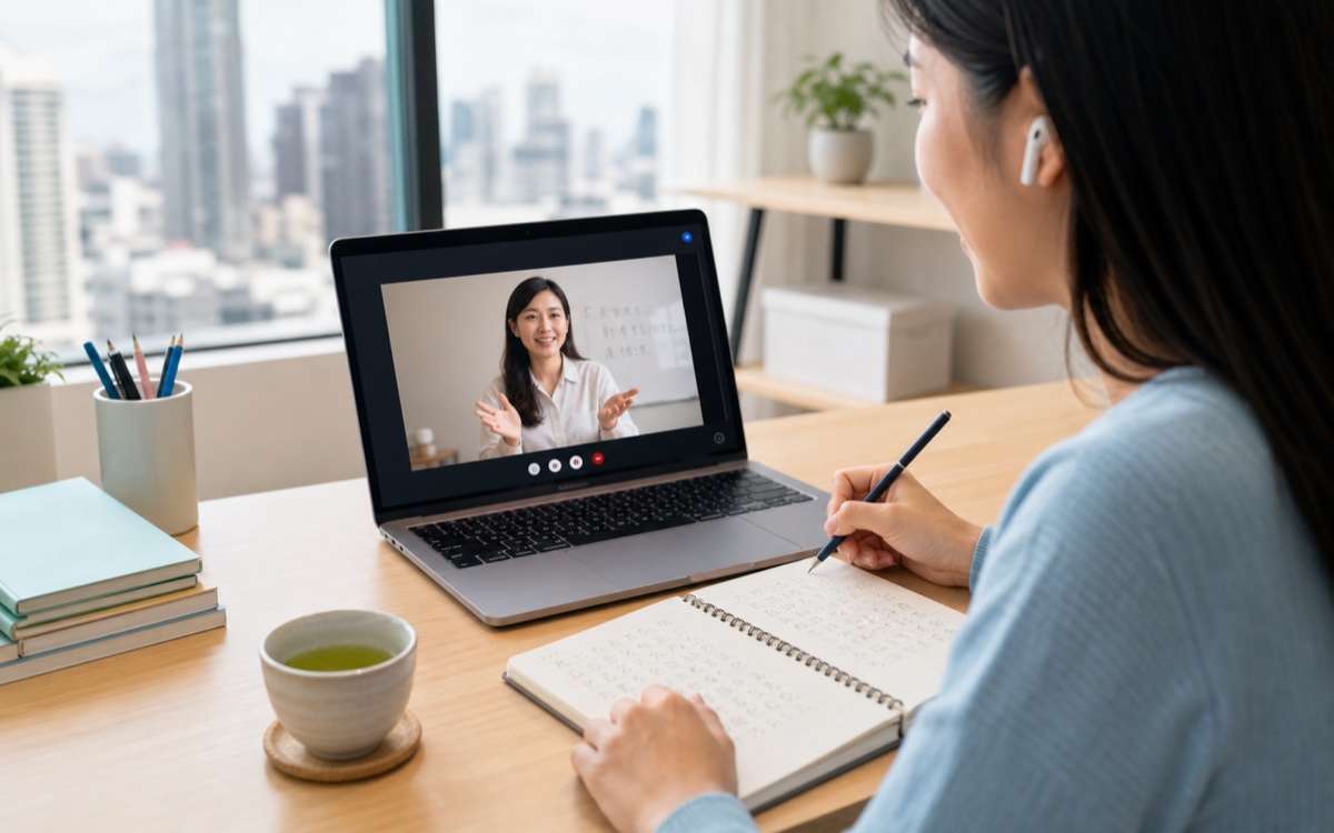 オンラインで日本語レッスンを受けながらノートを取る学習者の写真